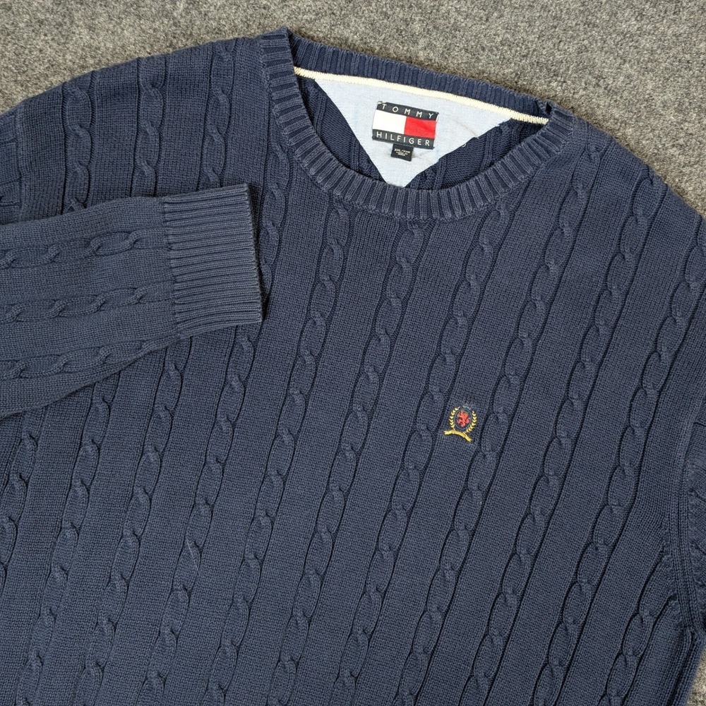 Tommy Hilfiger Mens XXL Navy Blue Cable Knit Cotton Crew Neck Sweater Pullover